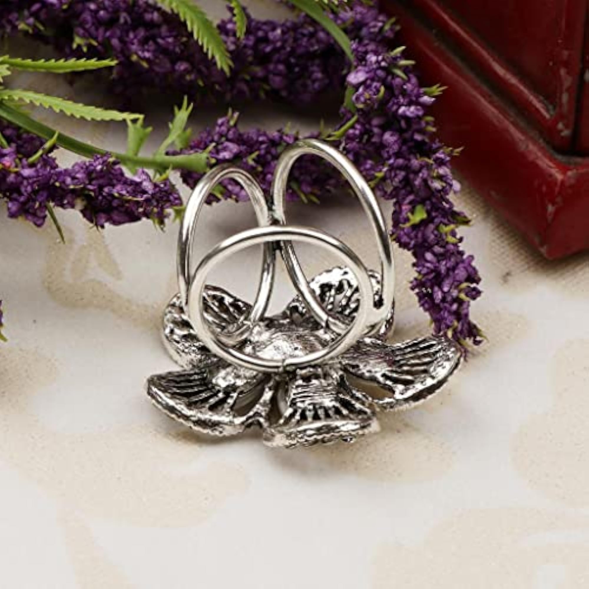 Crystal Opal Flower Scarf Ring, Antique Silver Jewelry